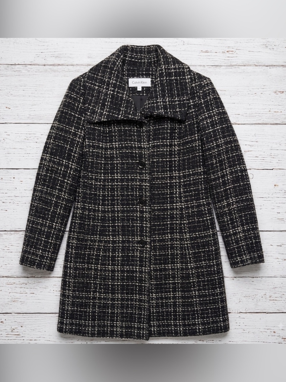 Calvin Klein Women’s Black White Tweed Wool Blend Pea Coat Oversized Collar SZ L